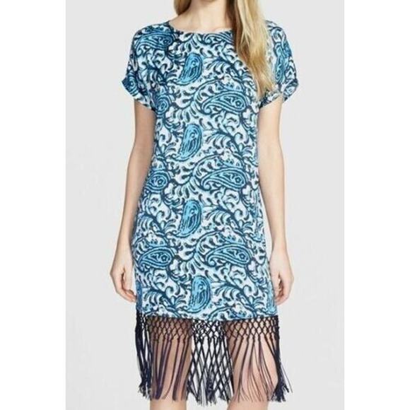 Michael Kors Dresses & Skirts - Michael Kors Fringe Trim Paisley Print Dress Womens XL Blue Batik Resort Summer